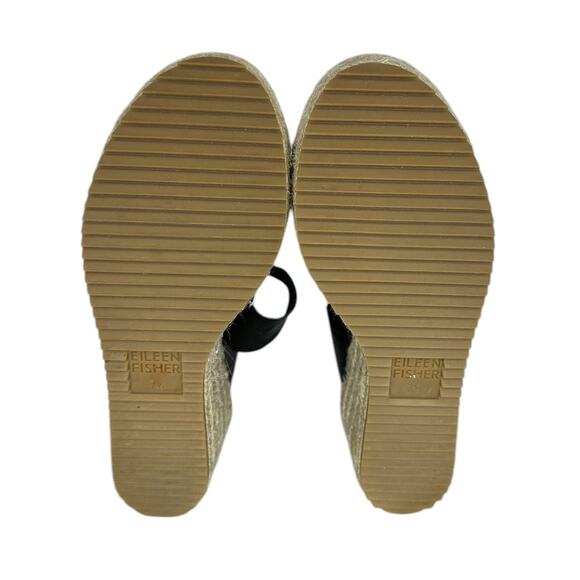 Eileen Fisher Willow Tumbled Black Grained Leather Strap Raffia Wedge Size 7.5 - Picture 9 of 10